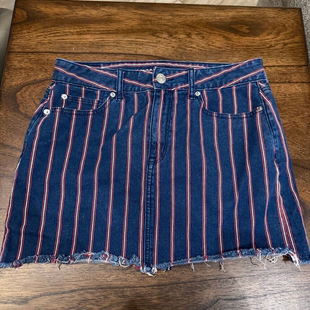 American Eagle, red and white striped denim miniskirt size 10